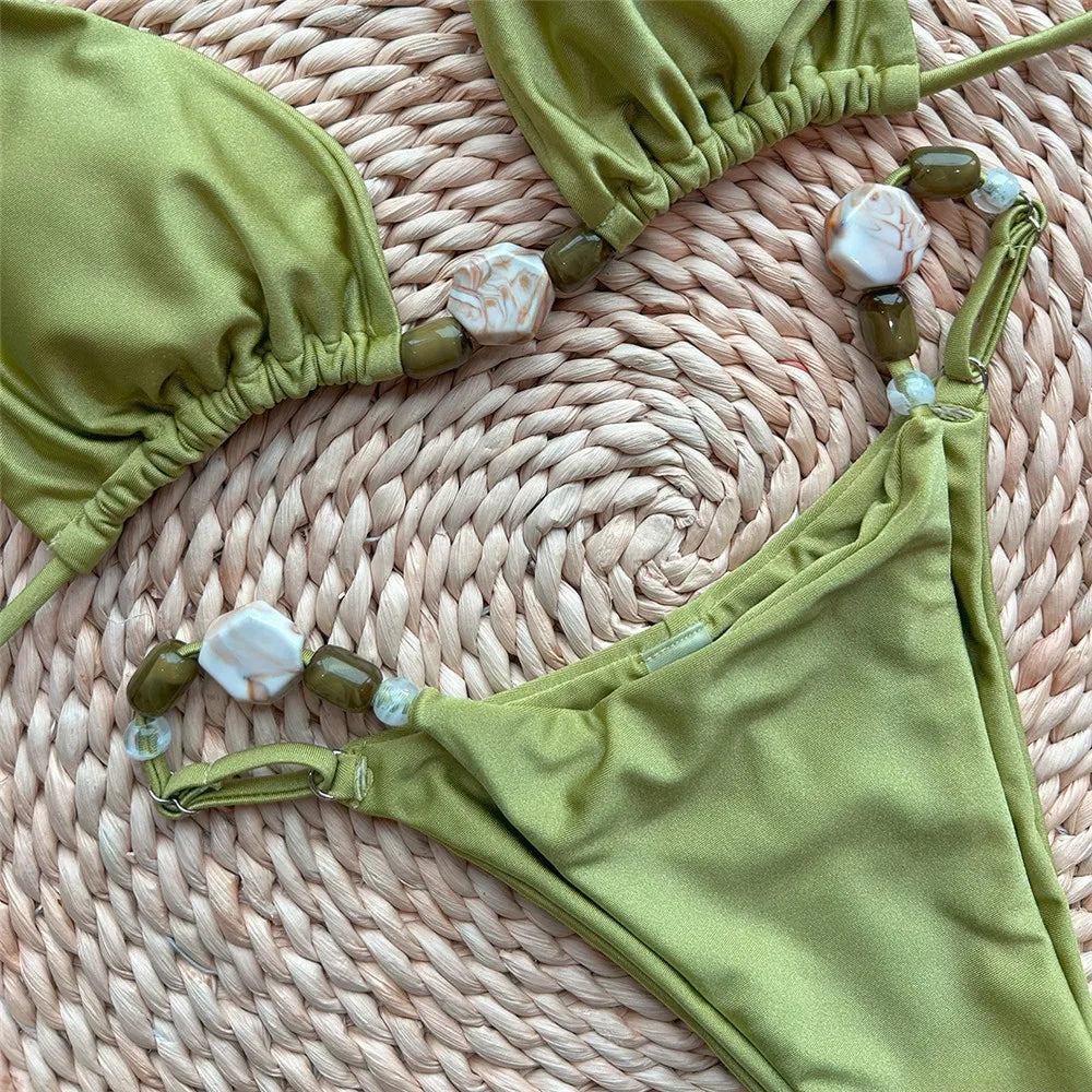 Solid Green Halter Bikini Set – Sexy Triangle Swimwear