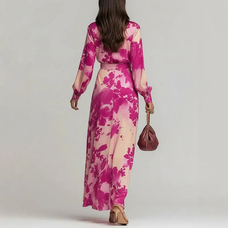 Robes for Woman Sexy Deep V Neck Vacation Maxi Dress Spring Elegant High Waist Belted Long Dress Woman Lantern Sleeve Boho Dress