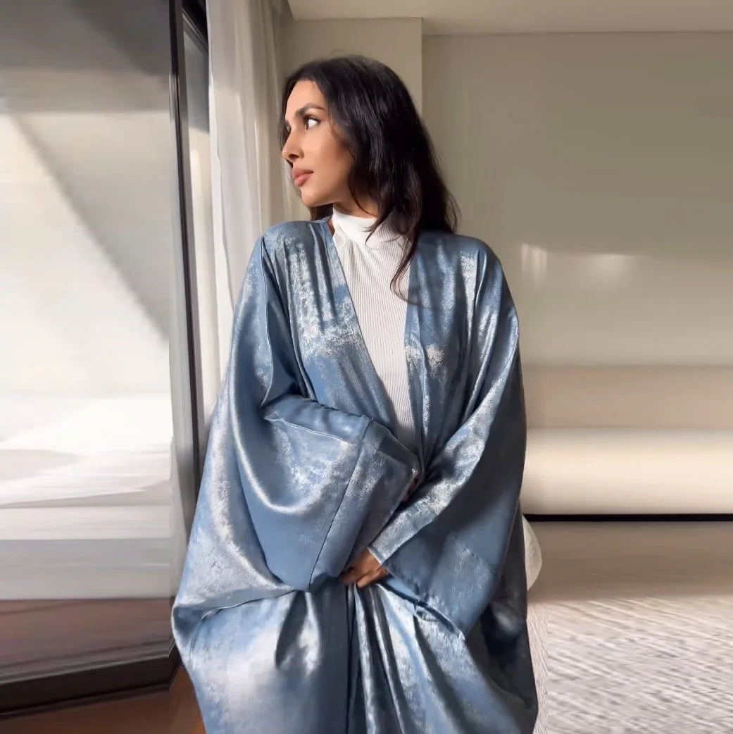 Luxury Satin Open Abaya – Shiny Batwing Eid Party Kaftan Dress