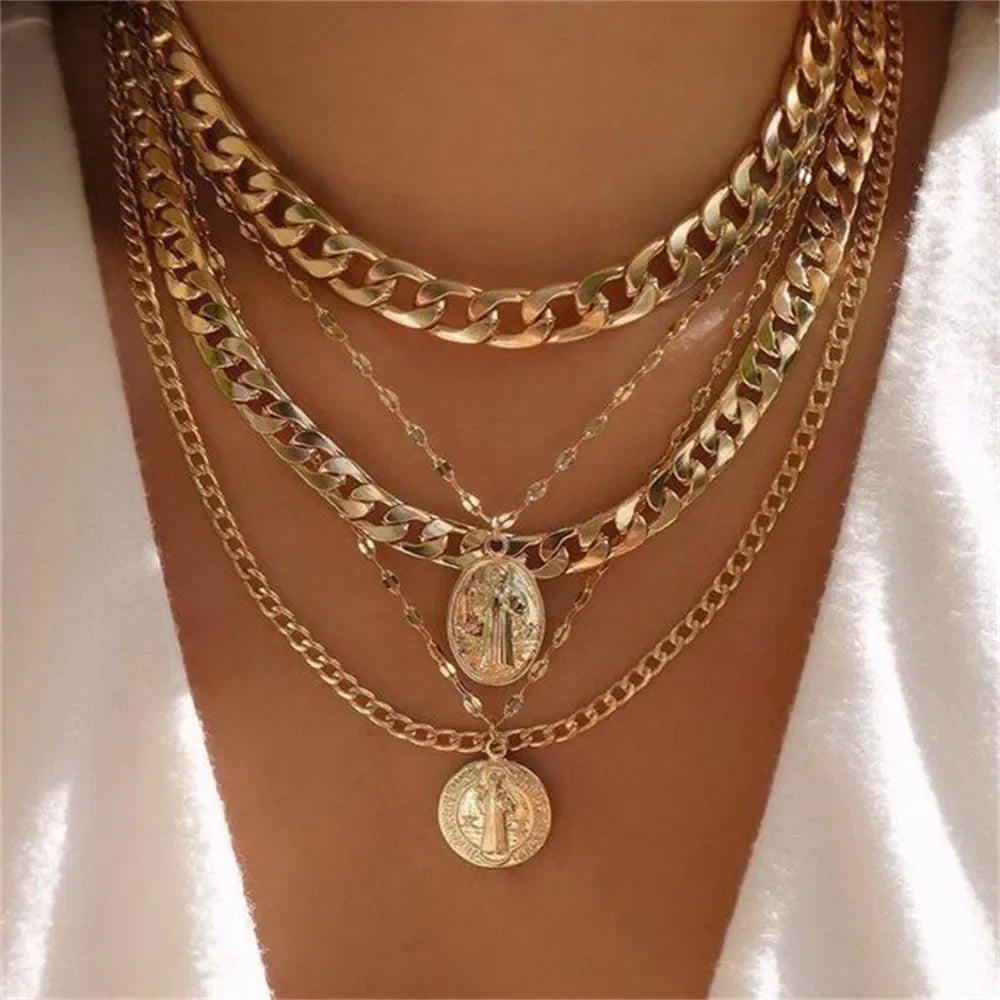Vintage Punk Gold-Plated Coin Pendant Necklace – Thick Chain Hip Hop Jewelry