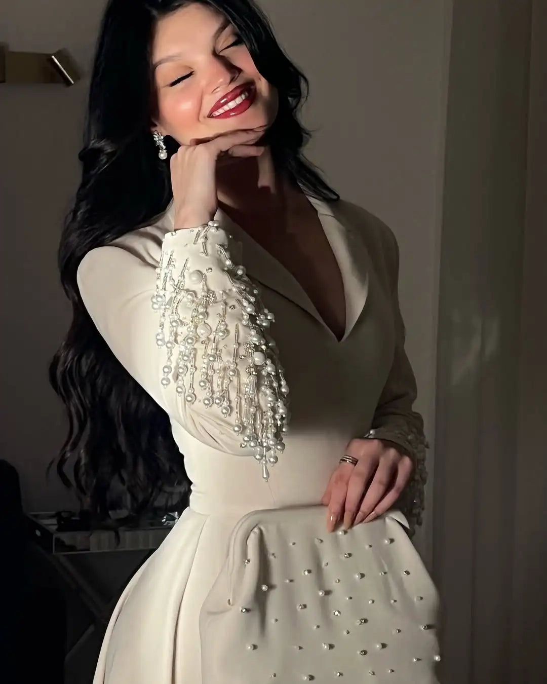 Custom Beaded Pearl V-Neck Long Sleeve Evening Gown – Floor-Length Prom Dress