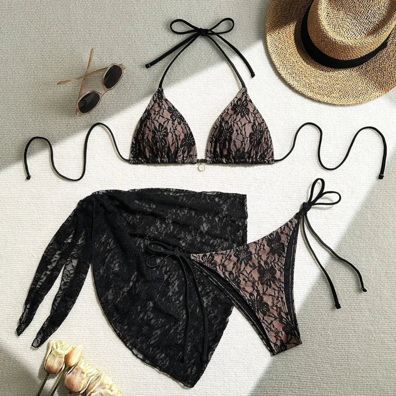 Lace Three-Piece Bikini Set – Women Swimwear