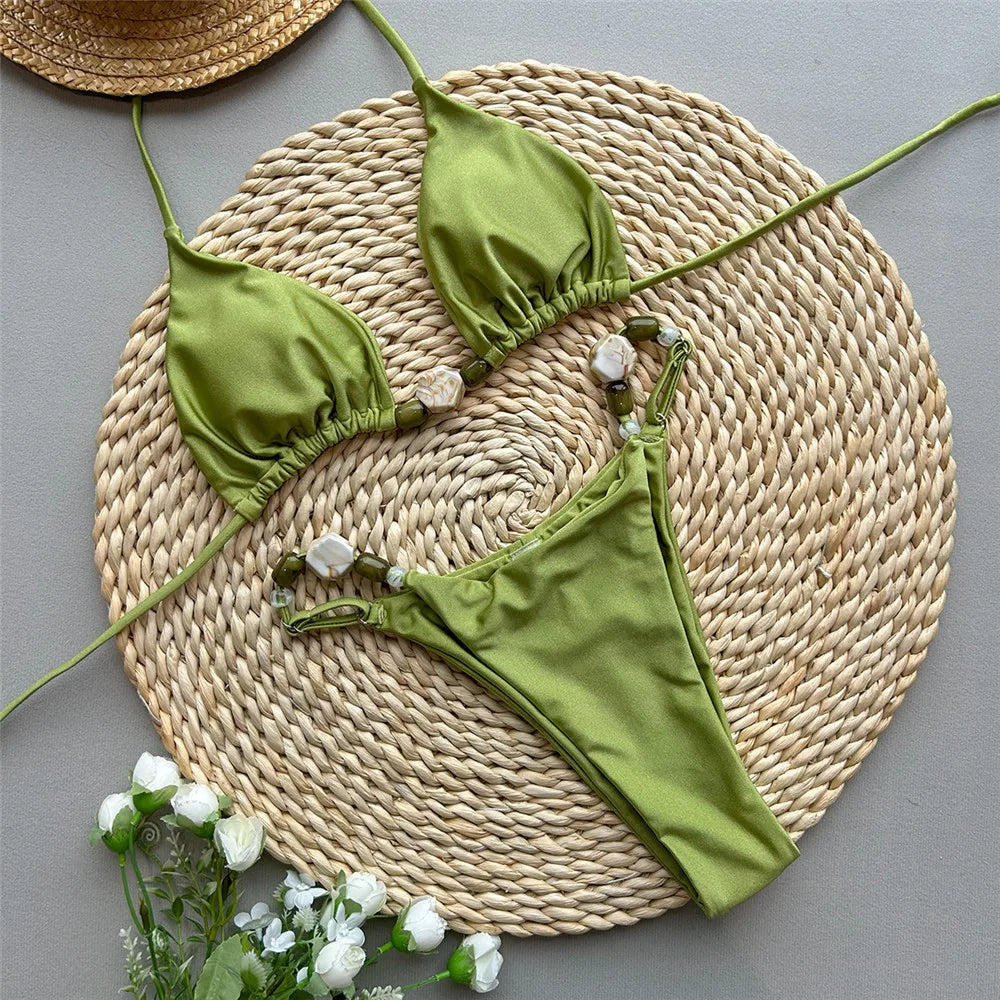 Solid Green Halter Bikini Set – Sexy Triangle Swimwear