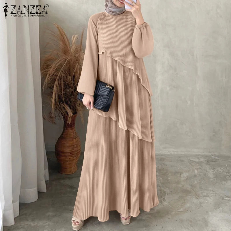 Patchwork Lantern Sleeve Pleated Abaya – Elegant Layered Muslim Maxi Dress