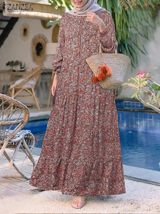 Floral Print Loose Kaftan Dress – Casual Muslim Maxi Abaya 2026