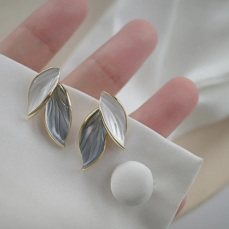 Korean Grey Leaf Metal Stud Earrings – Trendy Women’s Fashion Jewelry
