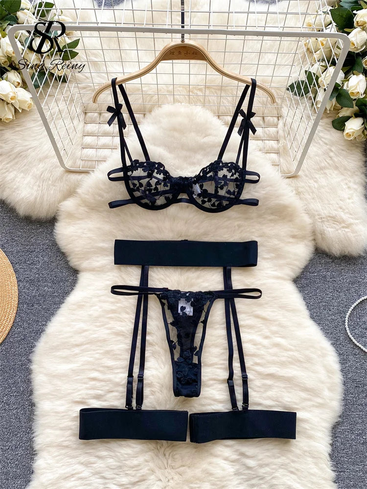 Floral Embroidery Sheer Lingerie Set – Camisole Top with Thong & Bra