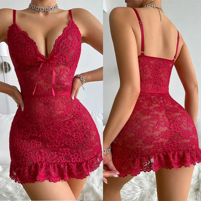 Sheer Hollow Lace Lingerie Set – Bra & Panty Nightdress Style Gown