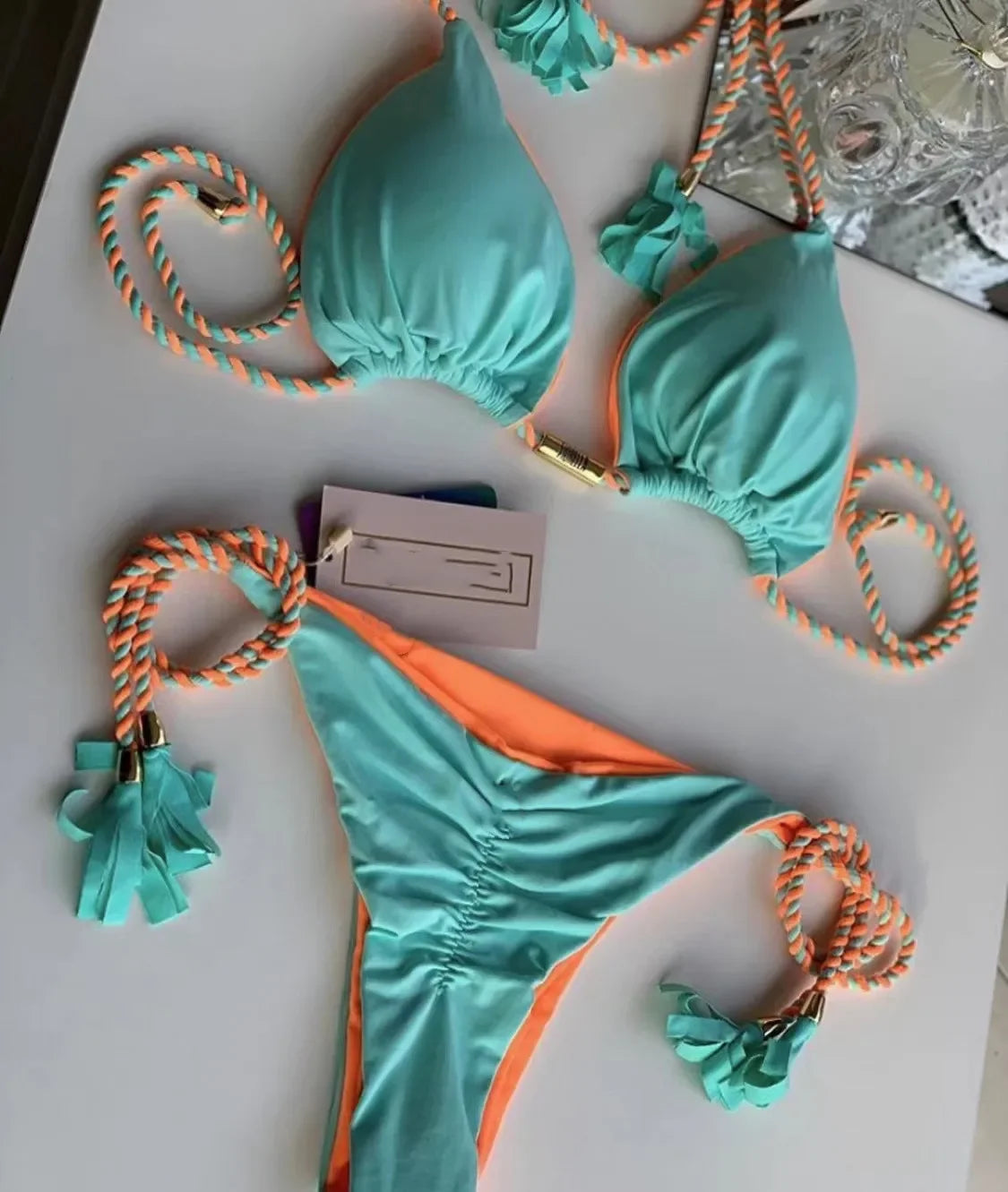 Multicolor Backless Rope Triangle Bikini Set – Women’s Swimsuit