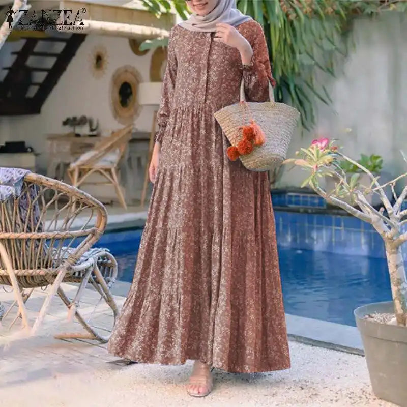 Floral Print Loose Kaftan Dress – Casual Muslim Maxi Abaya 2026