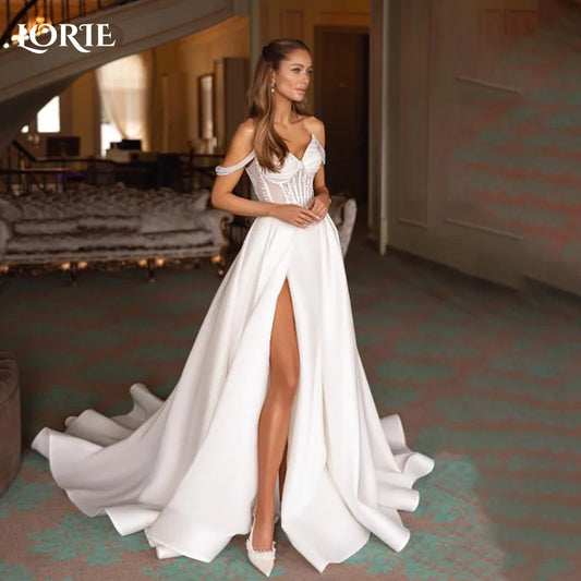 Vintage Pearl Wedding Dress – Off-Shoulder A-Line Bridal Gown