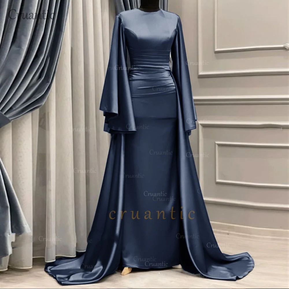 **Elegant Long Sleeve Satin Mermaid Evening Dress – Modest Formal Gown