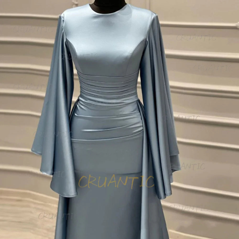 **Elegant Long Sleeve Satin Mermaid Evening Dress – Modest Formal Gown