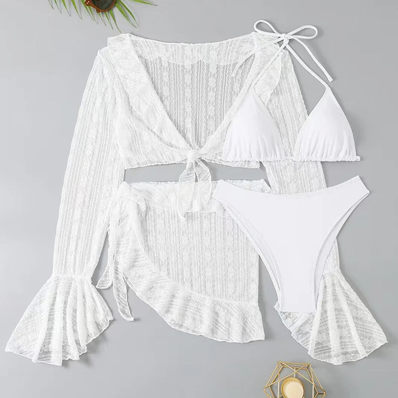 2026 Sexy 4-Piece Bikini Set – Long Sleeve Cover-Up Swimwea