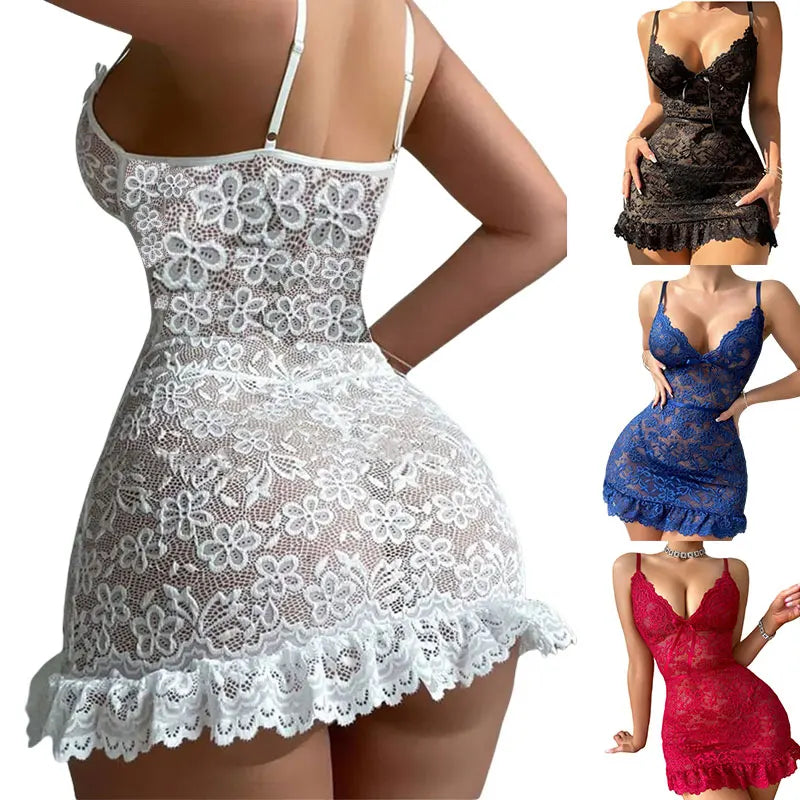 Sheer Hollow Lace Lingerie Set – Bra & Panty Nightdress Style Gown