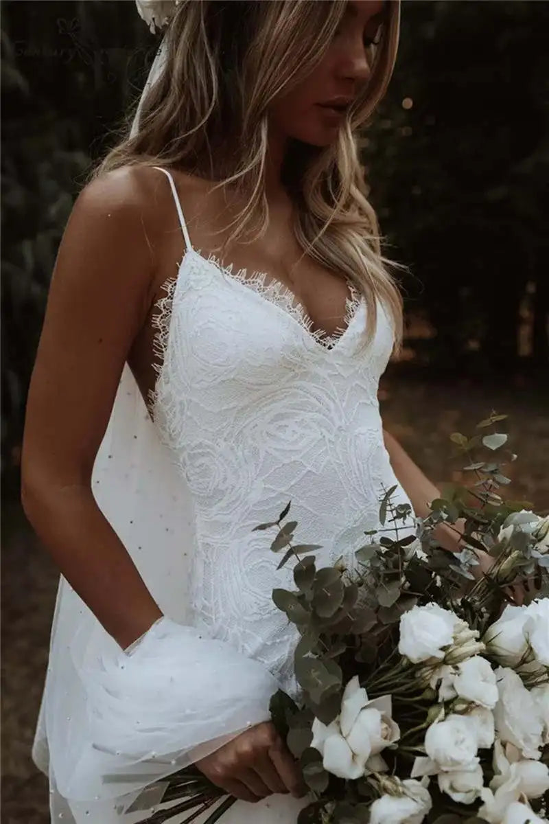 Bohemian Backless Lace Mermaid Wedding Dress – Spaghetti Strap Bridal Gown