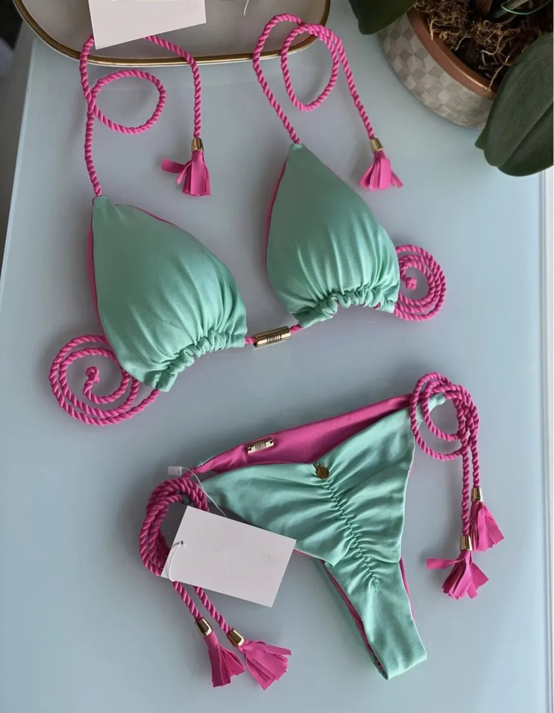 Multicolor Backless Rope Triangle Bikini Set – Women’s Swimsuit