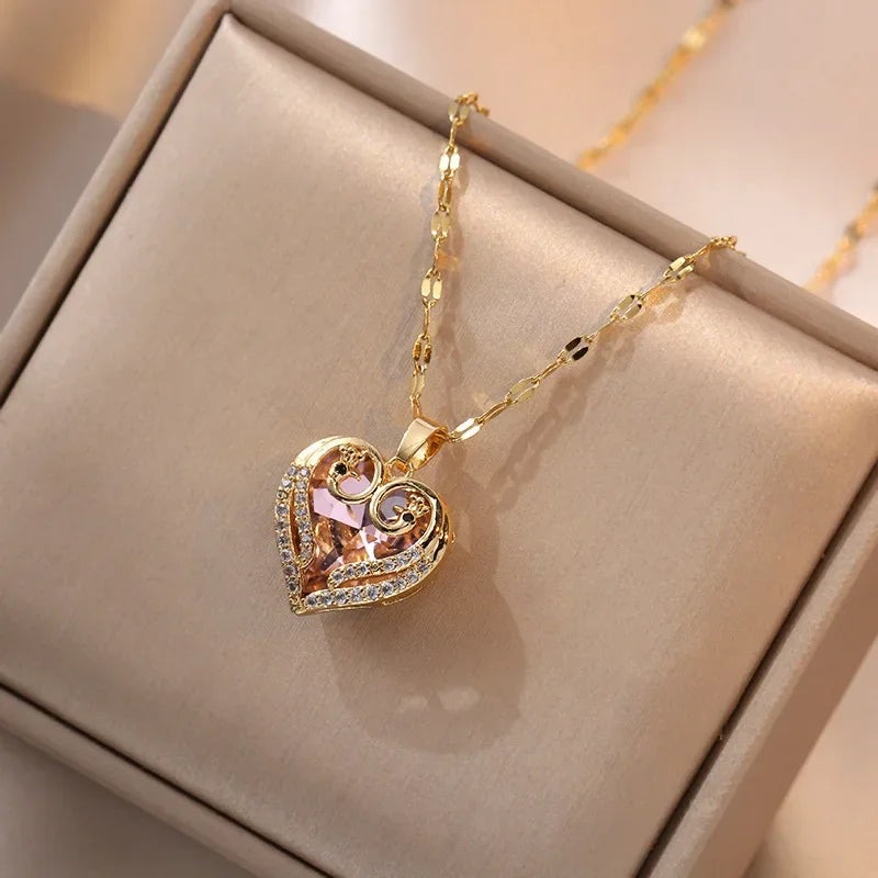 Peach Heart Pearl Oyster Necklace – Stainless Steel Clavicle Chain Jewelry