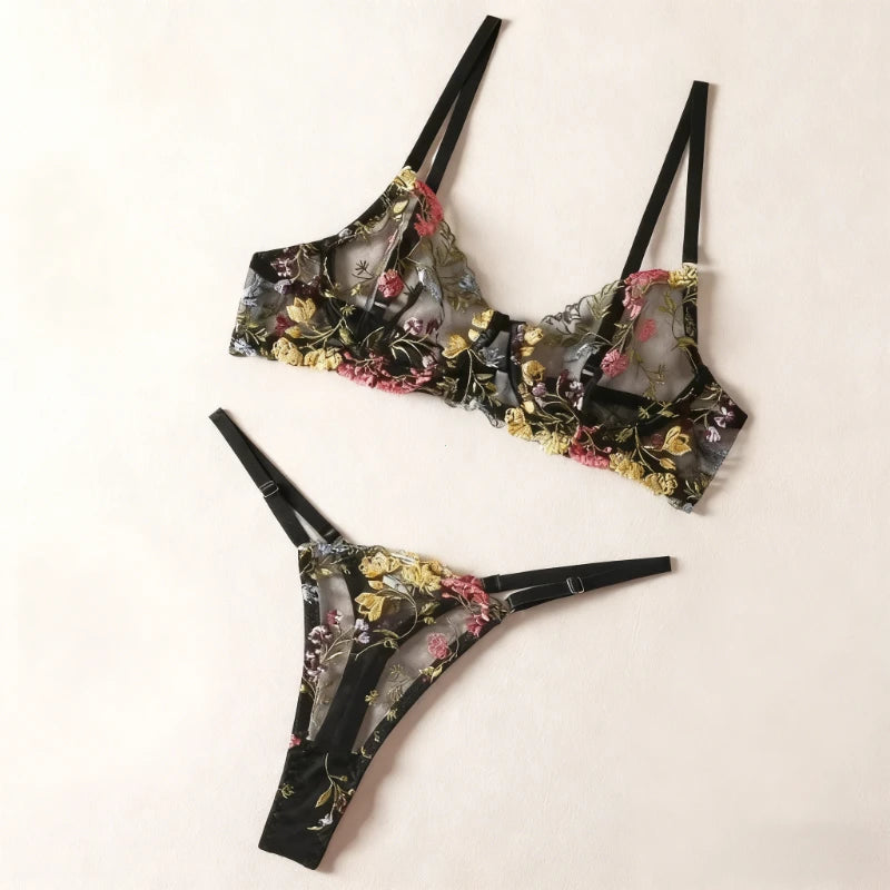 2026 Floral Embroidery Sheer Boho Lingerie Set – Bra & Panty 2-Piece