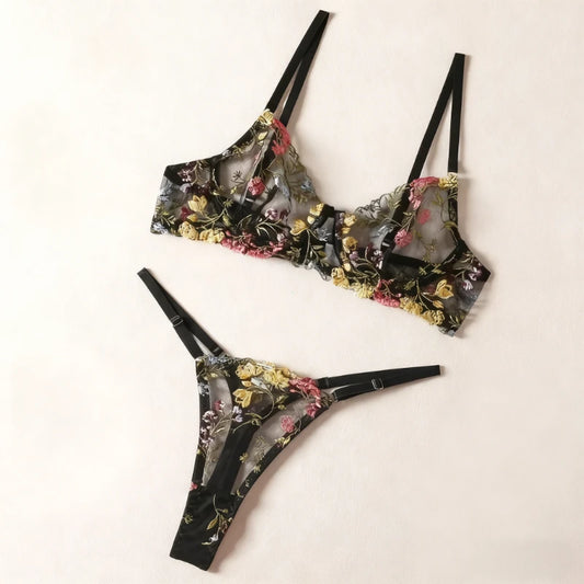 2026 Floral Embroidery Sheer Boho Lingerie Set – Bra & Panty 2-Piece