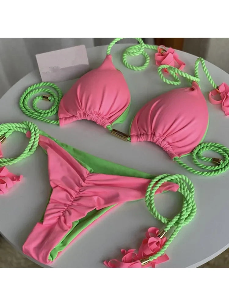 Multicolor Backless Rope Triangle Bikini Set – Women’s Swimsuit