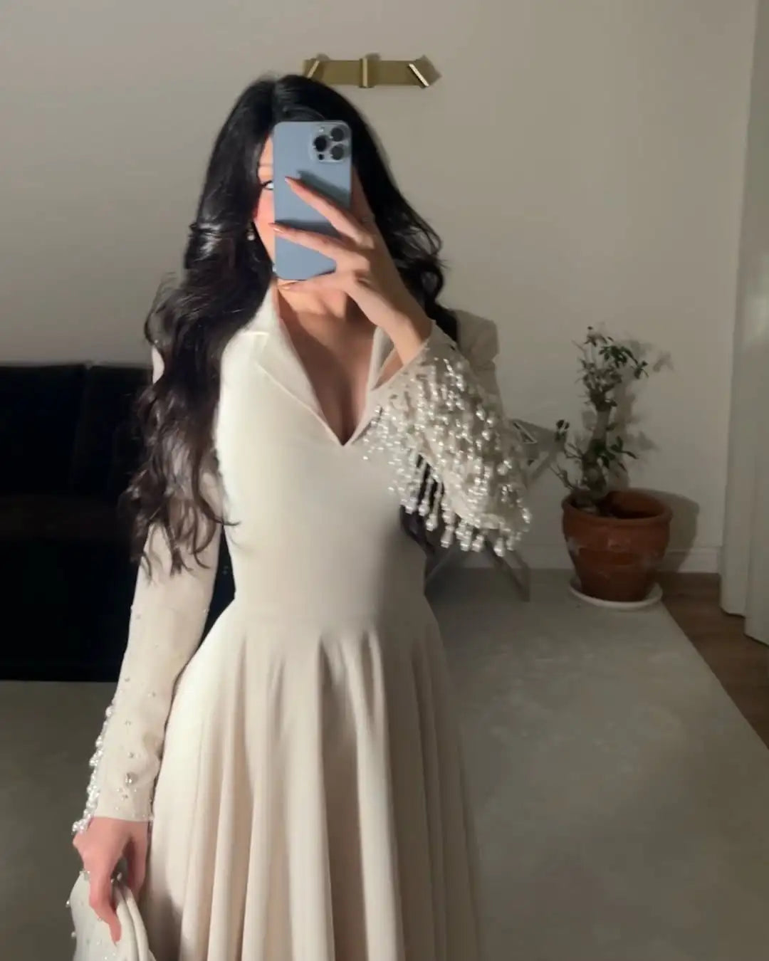 Custom Beaded Pearl V-Neck Long Sleeve Evening Gown – Floor-Length Prom Dress