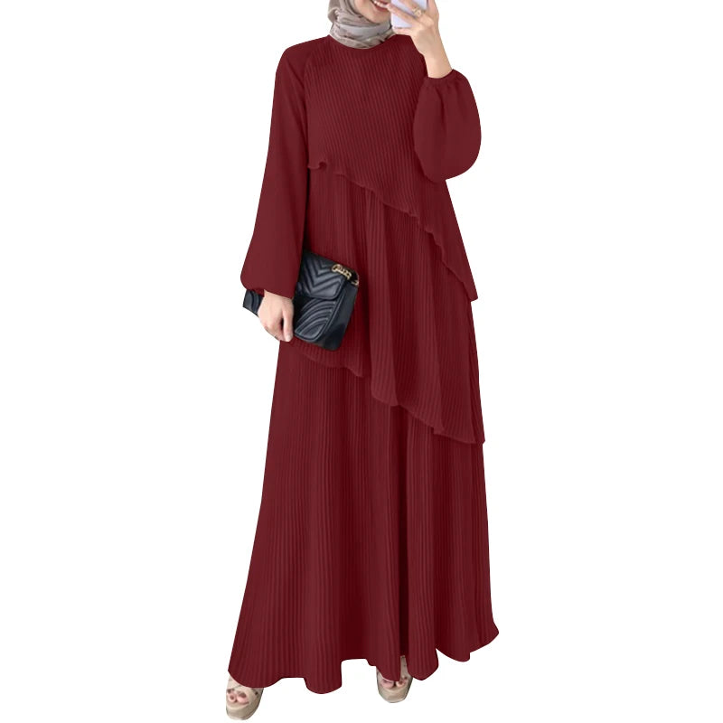 Patchwork Lantern Sleeve Pleated Abaya – Elegant Layered Muslim Maxi Dress