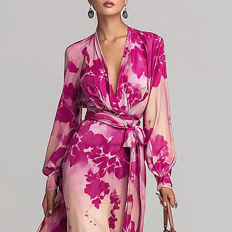 Robes for Woman Sexy Deep V Neck Vacation Maxi Dress Spring Elegant High Waist Belted Long Dress Woman Lantern Sleeve Boho Dress