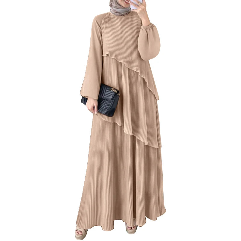 Patchwork Lantern Sleeve Pleated Abaya – Elegant Layered Muslim Maxi Dress