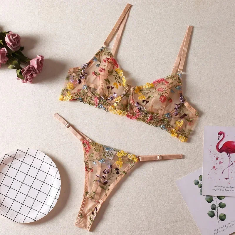 2026 Floral Embroidery Sheer Boho Lingerie Set – Bra & Panty 2-Piece