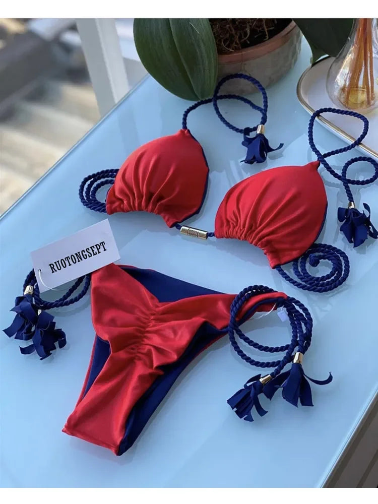 Multicolor Backless Rope Triangle Bikini Set – Women’s Swimsuit