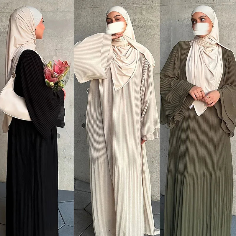 Elegant Pleated Flare Sleeve Kaftan – Muslim Eid Abaya Dress for Women