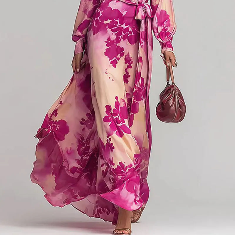Robes for Woman Sexy Deep V Neck Vacation Maxi Dress Spring Elegant High Waist Belted Long Dress Woman Lantern Sleeve Boho Dress