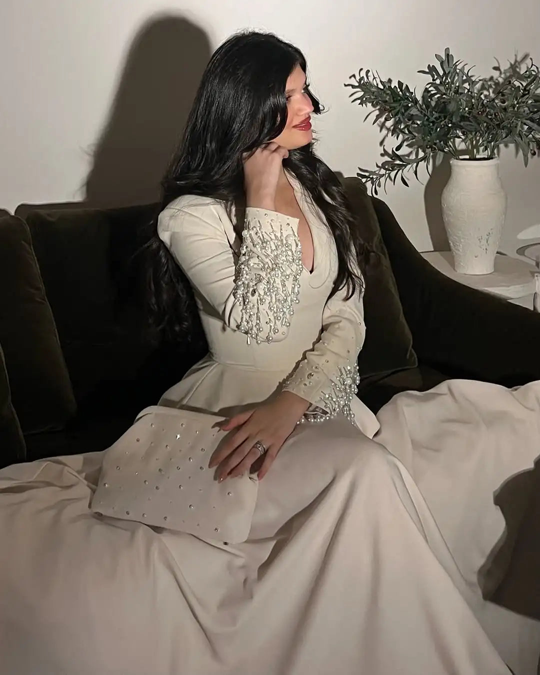 Custom Beaded Pearl V-Neck Long Sleeve Evening Gown – Floor-Length Prom Dress