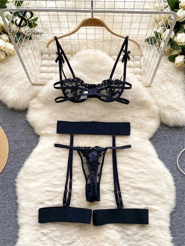 Floral Embroidery Sheer Lingerie Set – Camisole Top with Thong & Bra