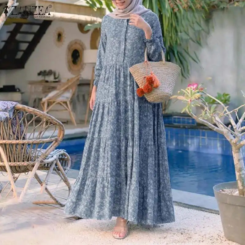 Floral Print Loose Kaftan Dress – Casual Muslim Maxi Abaya 2026