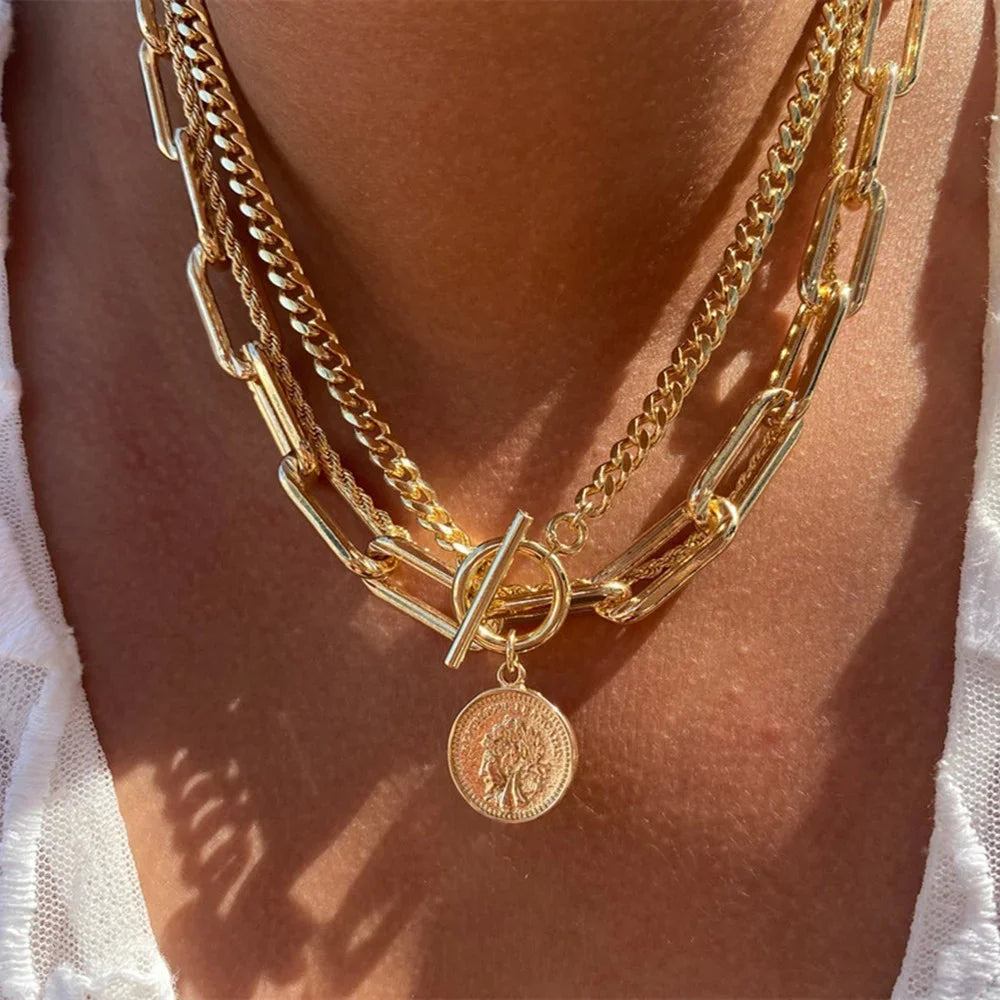 Vintage Punk Gold-Plated Coin Pendant Necklace – Thick Chain Hip Hop Jewelry