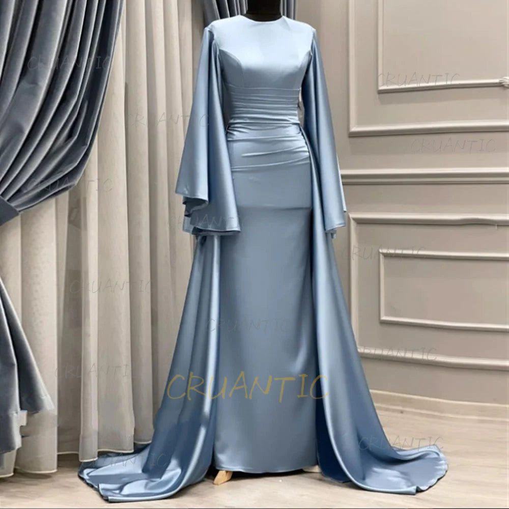 **Elegant Long Sleeve Satin Mermaid Evening Dress – Modest Formal Gown