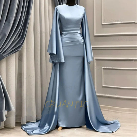**Elegant Long Sleeve Satin Mermaid Evening Dress – Modest Formal Gown