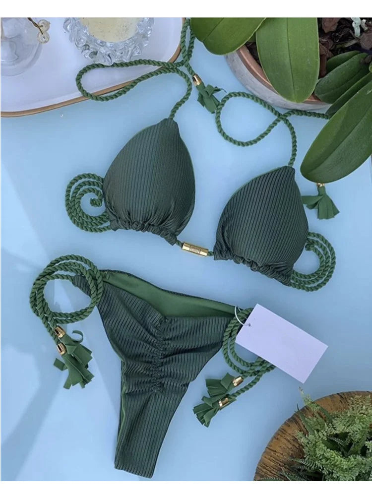 Multicolor Backless Rope Triangle Bikini Set – Women’s Swimsuit
