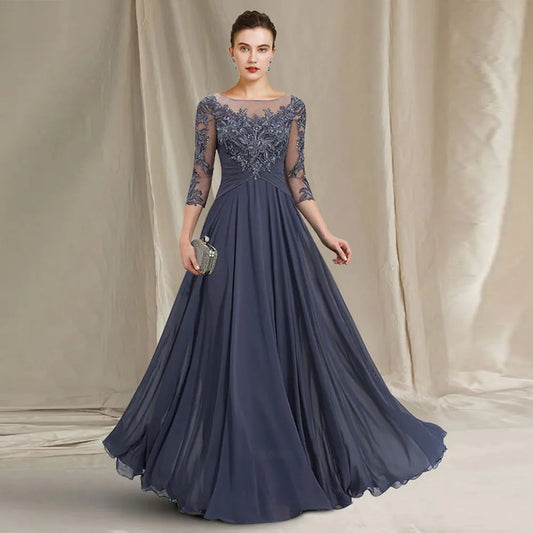 **Elegant Lace Beaded A-Line Chiffon Mother of the Bride Dress 2026