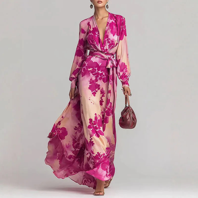 Robes for Woman Sexy Deep V Neck Vacation Maxi Dress Spring Elegant High Waist Belted Long Dress Woman Lantern Sleeve Boho Dress