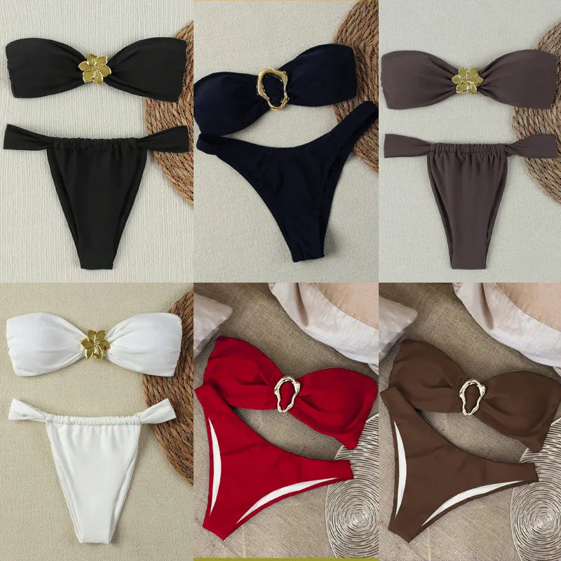 2026 Sexy Bandeau Push-Up Bikini Set – Brazilian Thong Swimwear for Women