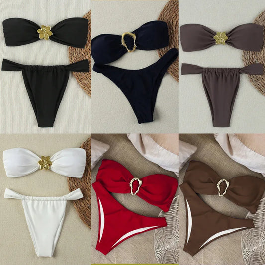 2026 Sexy Bandeau Push-Up Bikini Set – Brazilian Thong Swimwear for Women