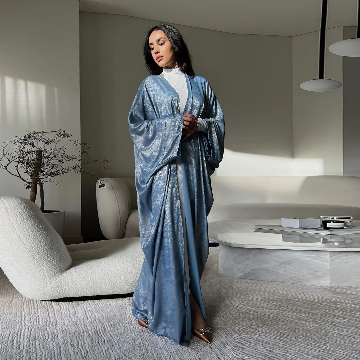 Luxury Satin Open Abaya – Shiny Batwing Eid Party Kaftan Dress
