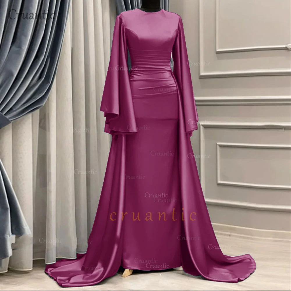 **Elegant Long Sleeve Satin Mermaid Evening Dress – Modest Formal Gown