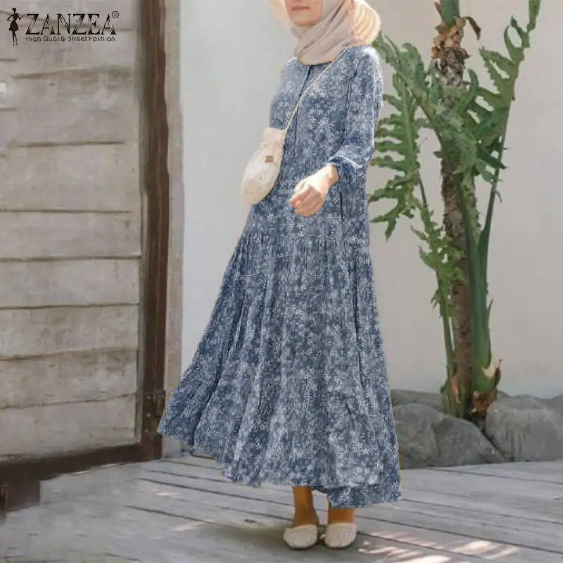 Floral Print Loose Kaftan Dress – Casual Muslim Maxi Abaya 2026