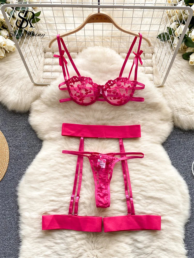 Floral Embroidery Sheer Lingerie Set – Camisole Top with Thong & Bra