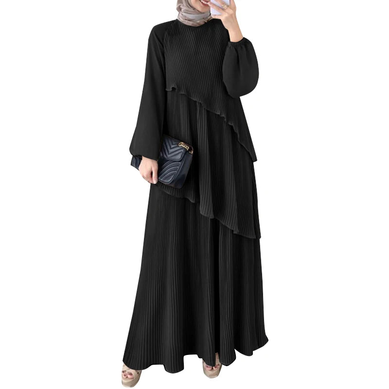 Patchwork Lantern Sleeve Pleated Abaya – Elegant Layered Muslim Maxi Dress