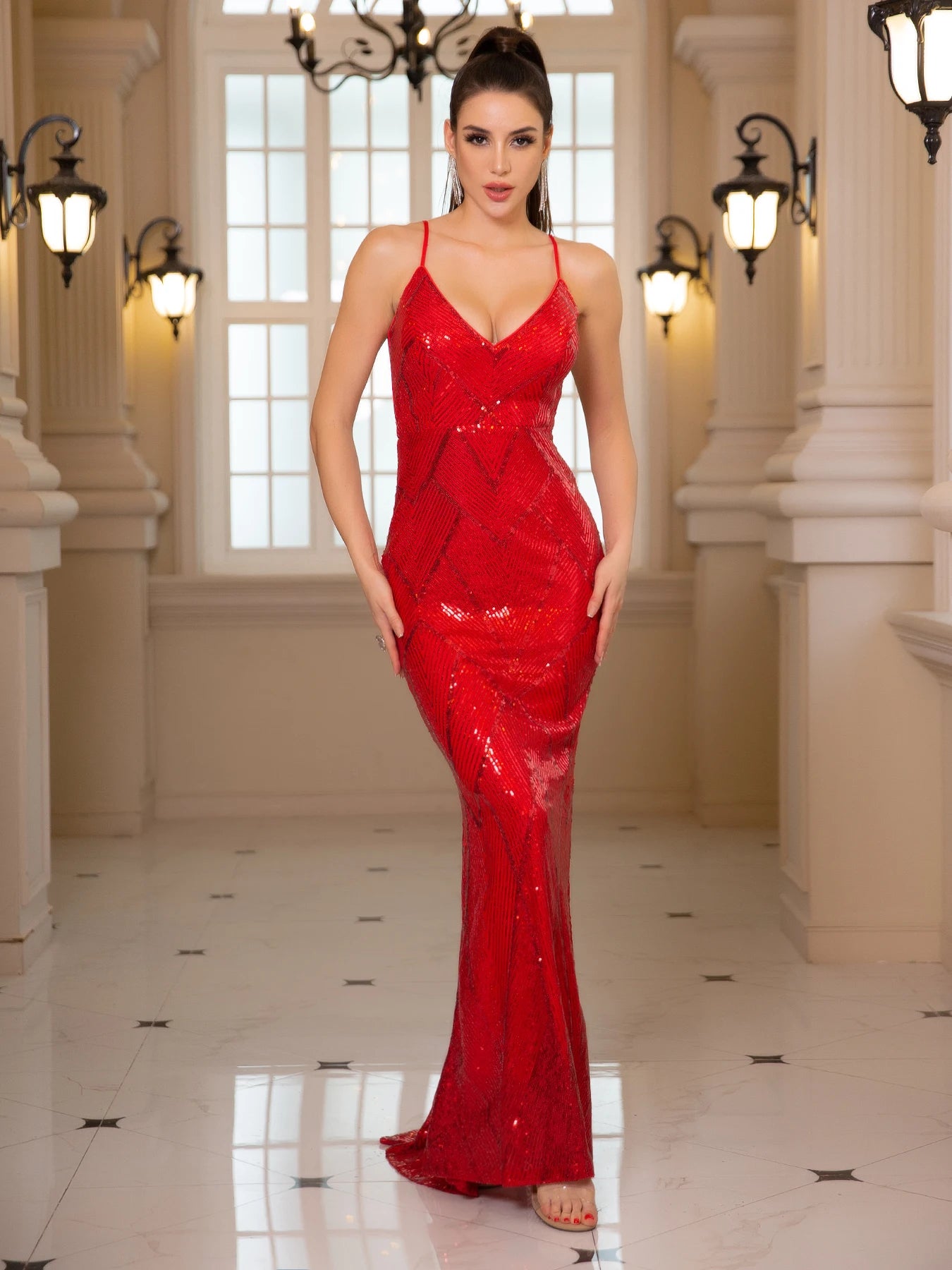 Sequin Backless Mermaid Evening Dress – V-Neck Slim Fit Prom Gown